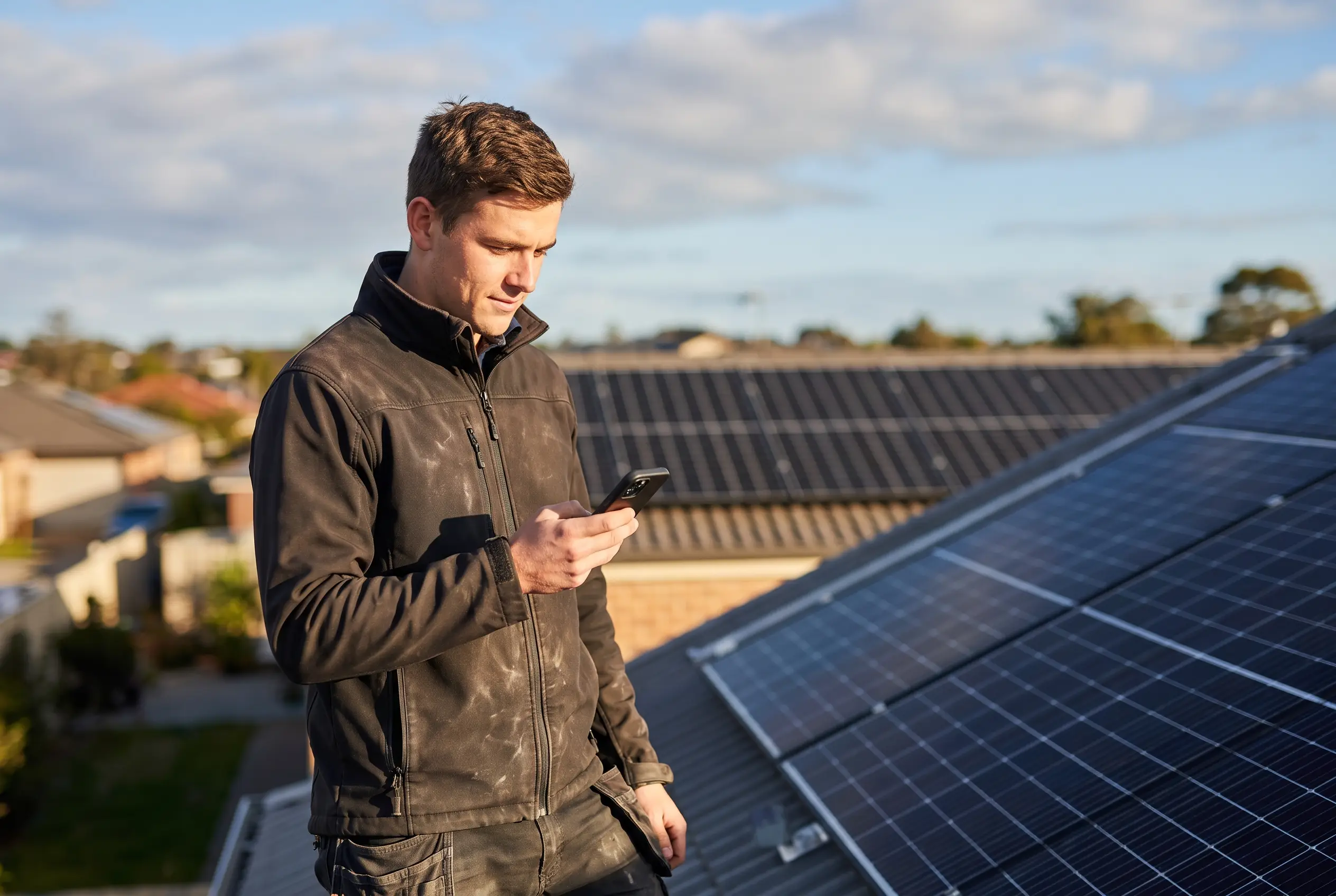 Techniker nutzt sein Smartphone an einer Solaranlage